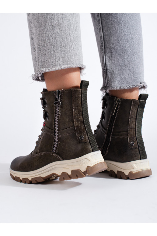 šņorējami zābaki ar dekoratīvu rāvējslēdzēju  khaki