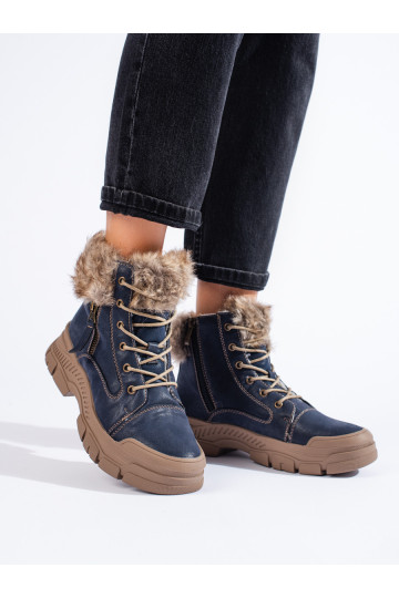 tumši zilas krāsas Sieviešu zābaki ar kažokādu