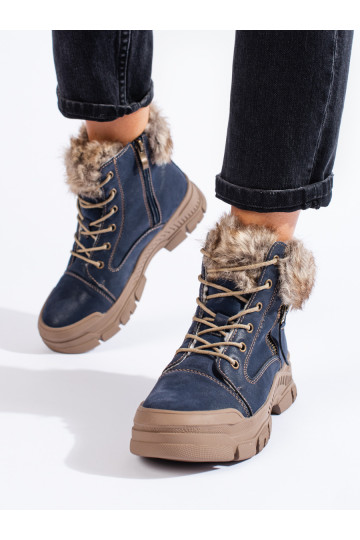 tumši zilas krāsas Sieviešu zābaki ar kažokādu 2