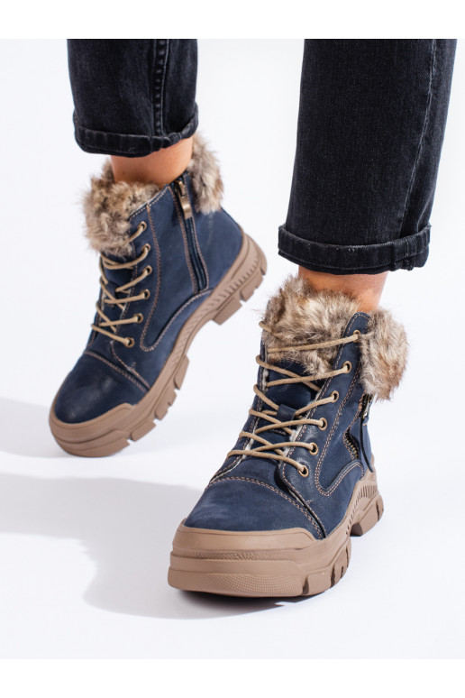 tumši zilas krāsas Sieviešu zābaki ar kažokādu