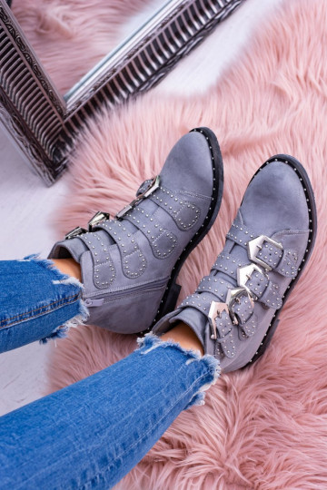 Lu Boo pelēkas krāsas Sieviešu puszābaki Virginia Rock Star ar kniedēm ar sprādzītēm Zamsz 2