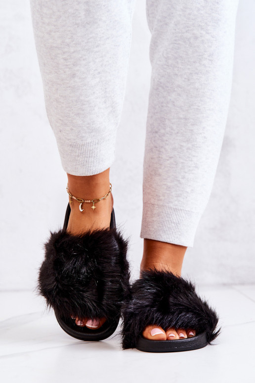 Čības ar kažokādu Gumijas melnas krāsas Pollie