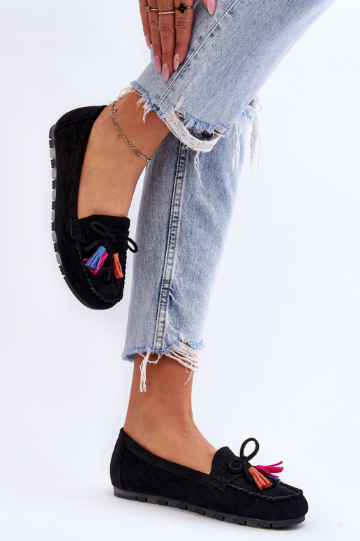 Zamšādas mokasīni ar pušķiem melnas krāsas Dorine