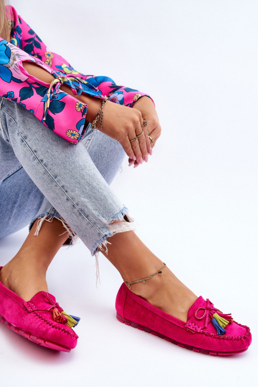 Zamšādas mokasīni ar pušķiem rozā krāsas Dorine