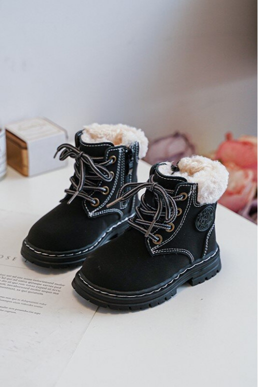 Bērnu apavi ar rāvējslēdzējiem z Kożuszkiem melnas krāsas Marialee Bērnu apavi ar rāvējslēdzējiem z Kożuszkiem melnas krāsas Marialee