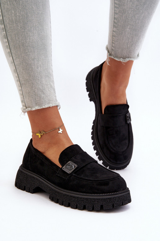 sieviešu mokasīni ar siksniņām melnas krāsas Flanila