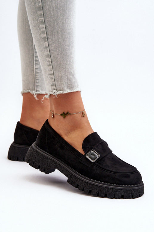 sieviešu mokasīni ar siksniņām melnas krāsas Flanila