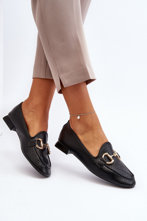 sieviešu mokasīni ar platiem papēžiem ar ornamentiem melnas krāsas Iluvana