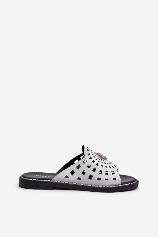 spīdīgs sieviešu čības ar platiem papēžiem ar ornamentiem Sudraba krāsas Ebirena