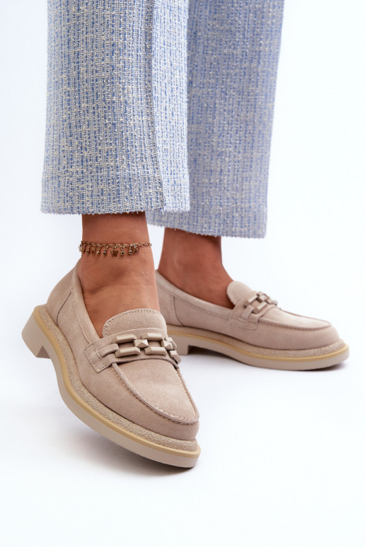 sieviešu mokasīni zamšādas ar platiem papēžiem ar ornamentiem D&A TW101 smilšu krāsas