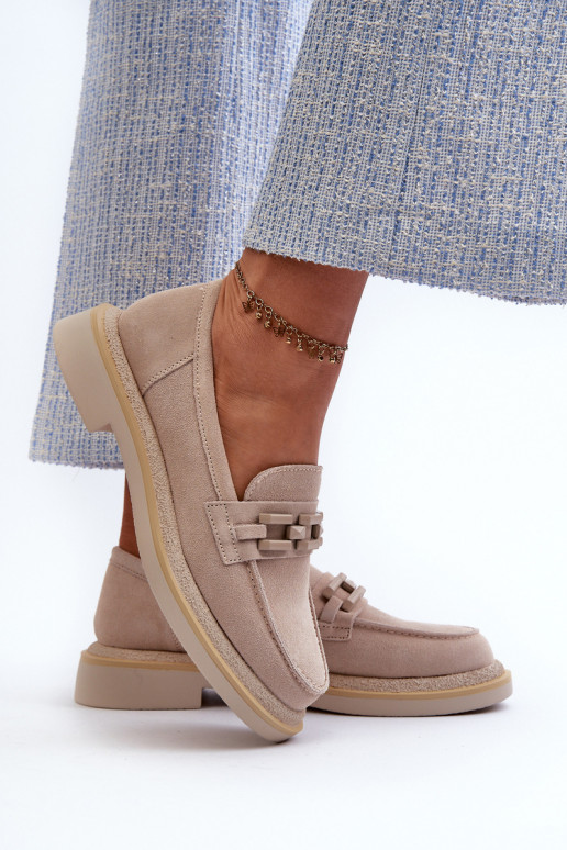 sieviešu mokasīni zamšādas ar platiem papēžiem ar ornamentiem D&A TW101 smilšu krāsas