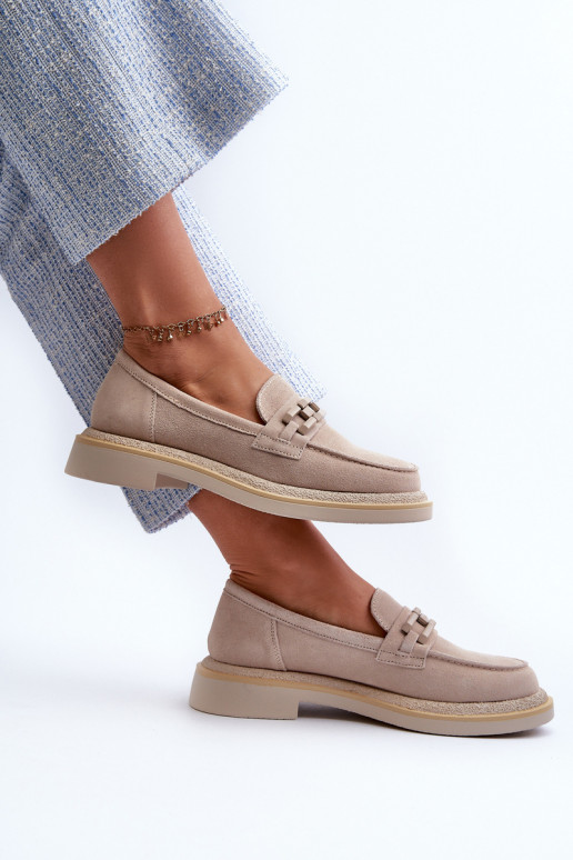 sieviešu mokasīni zamšādas ar platiem papēžiem ar ornamentiem D&A TW101 smilšu krāsas