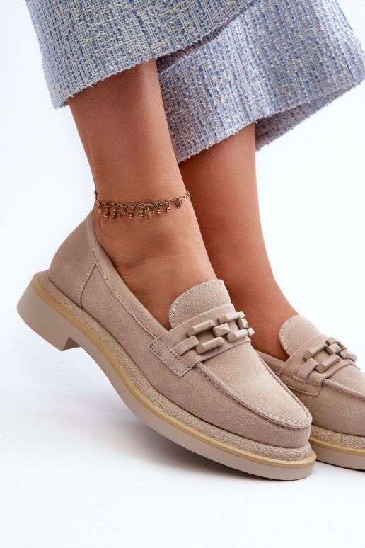 sieviešu mokasīni zamšādas ar platiem papēžiem ar ornamentiem D&A TW101 smilšu krāsas