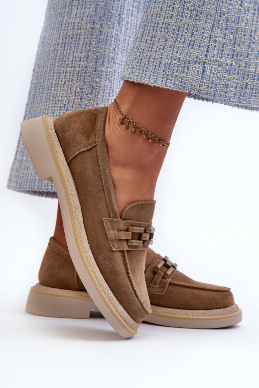 sieviešu mokasīni zamšādas ar platiem papēžiem ar ornamentiem D&A TW101 brūnas krāsas