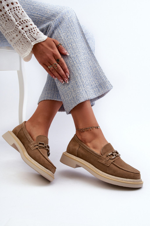 sieviešu mokasīni zamšādas ar platiem papēžiem ar ornamentiem D&A TW101 brūnas krāsas