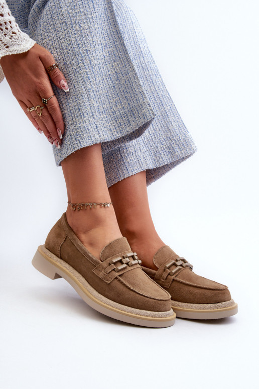 sieviešu mokasīni zamšādas ar platiem papēžiem ar ornamentiem D&A TW101 brūnas krāsas