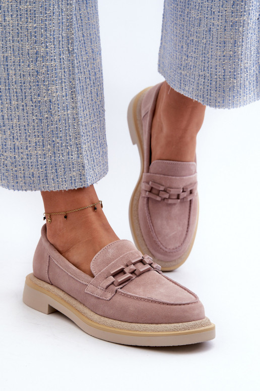 sieviešu mokasīni zamšādas ar platiem papēžiem ar ornamentiem D&A TW101 rozā krāsa