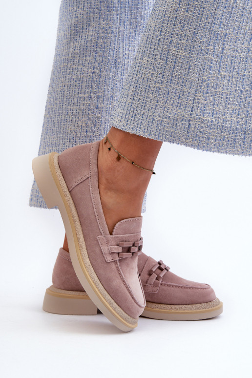 sieviešu mokasīni zamšādas ar platiem papēžiem ar ornamentiem D&A TW101 rozā krāsa