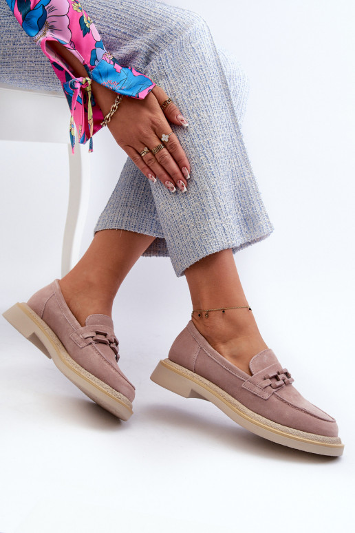 sieviešu mokasīni zamšādas ar platiem papēžiem ar ornamentiem D&A TW101 rozā krāsa