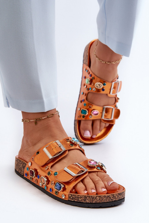 Dekorētas sieviešu čības ar sprādzēm S.Barski MY121 oranžas krāsas