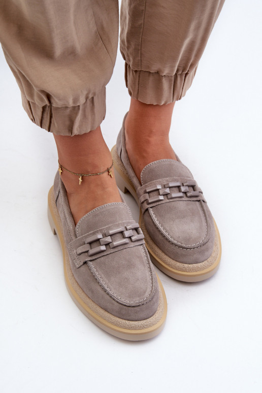 sieviešu mokasīni zamšādas ar platiem papēžiem ar ornamentiem D&A TW101 Pelēkas krāsas