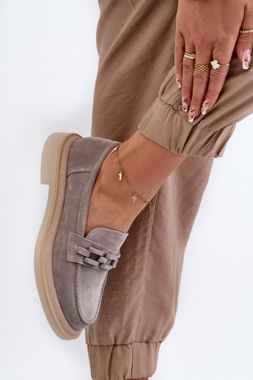 sieviešu mokasīni zamšādas ar platiem papēžiem ar ornamentiem D&A TW101 Pelēkas krāsas