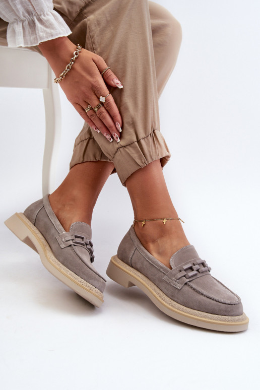 sieviešu mokasīni zamšādas ar platiem papēžiem ar ornamentiem D&A TW101 Pelēkas krāsas