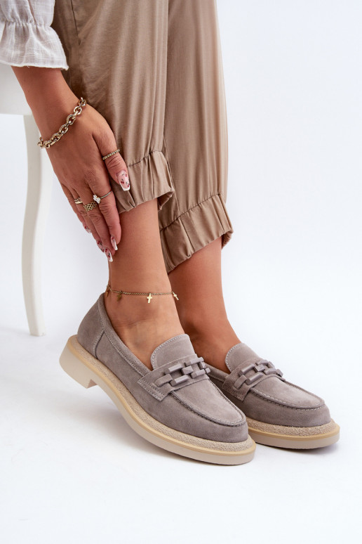 sieviešu mokasīni zamšādas ar platiem papēžiem ar ornamentiem D&A TW101 Pelēkas krāsas