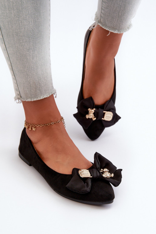 Eko Zamšādas balerīnas ar bantītēm I Broszką Melns Satris  Eko Zamšādas balerīnas ar bantītēm I Broszką Melns Satris