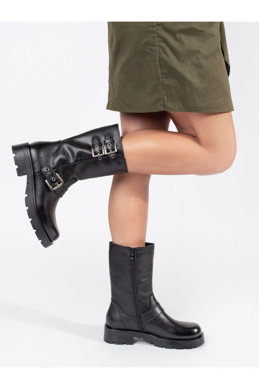 Melns   sieviešu zābaki ar platformu ozdobione paskami Sergio Leone