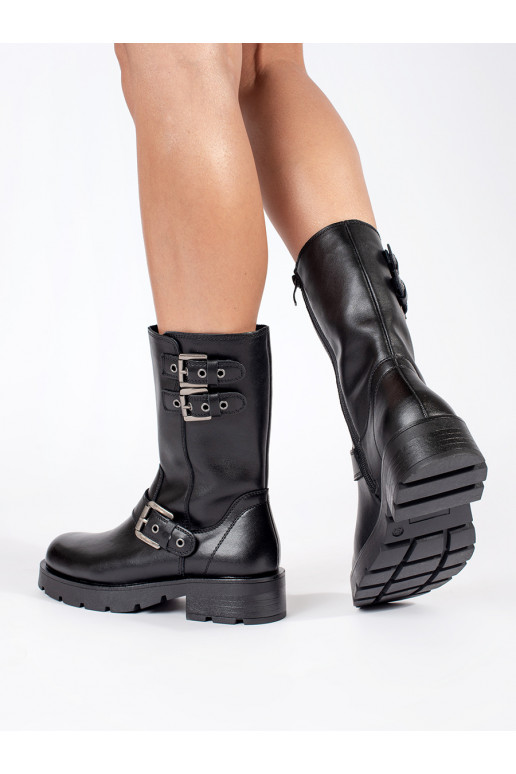 Melns   sieviešu zābaki ar platformu ozdobione paskami Sergio Leone