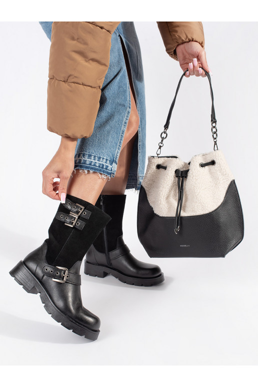 Melns   sieviešu zābaki ar platformu ozdobione paskami Sergio Leone