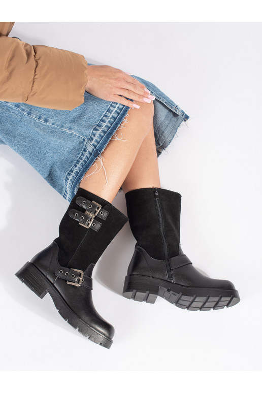 Melns   sieviešu zābaki ar platformu ozdobione paskami Sergio Leone