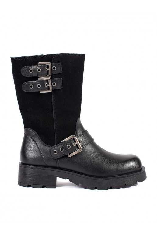 Melns   sieviešu zābaki ar platformu ozdobione paskami Sergio Leone