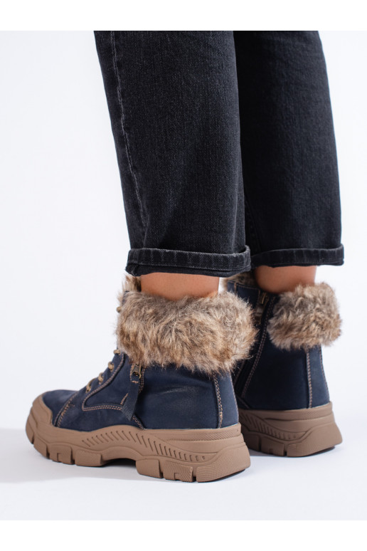 tumši zilas krāsas Sieviešu zābaki ar kažokādu