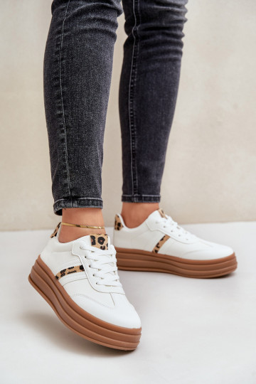 Sneakers modeļa apavi Sieviešu ar platformu ar leoparda kažokādas rakstu baltas krāsas Dravinnia 2