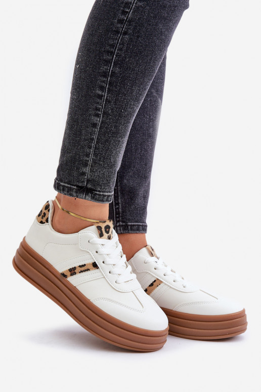 Sneakers modeļa apavi Sieviešu ar platformu ar leoparda kažokādas rakstu baltas krāsas Dravinnia