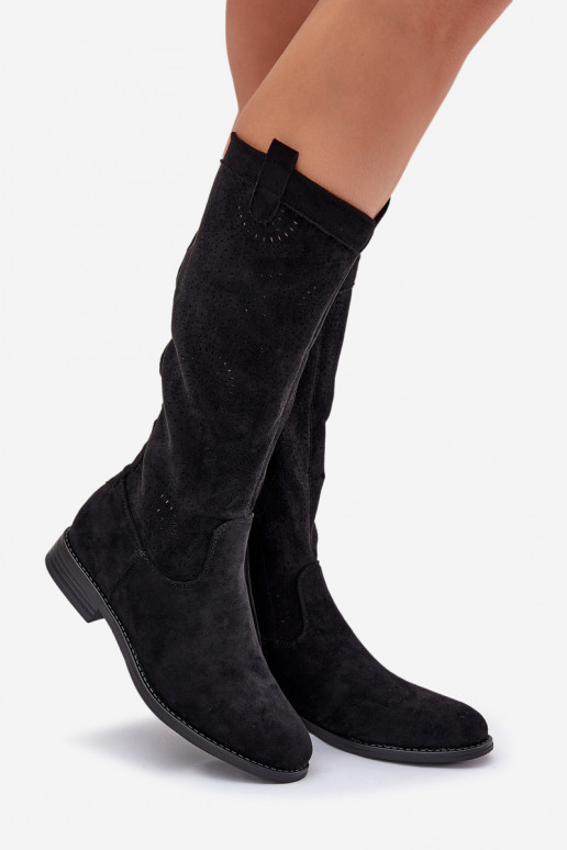 garie zābaki Z Ażurową Cholewką ar platiem papēžiem S.Barski HY51-860 Melns garie zābaki Z Ażurową Cholewką ar platiem papēžiem S.Barski HY51-860 Melns