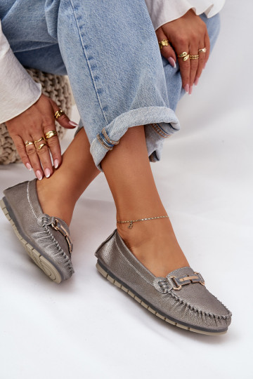 Spīdīgi zempapēžu Mokasīni no dabīgas ādas D&A LR51-546 Sudraba krāsas