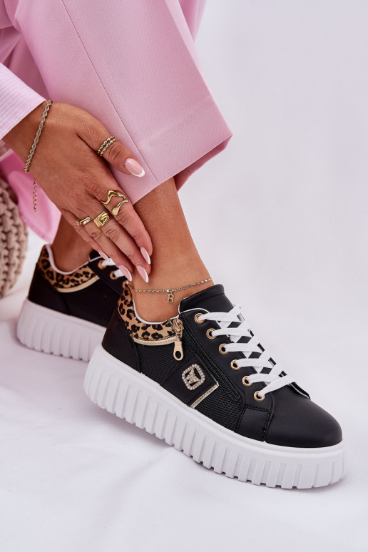 sporta apavi  ar platformu no eko ādas ar leoparda kažokādas rakstu Melns Velionna