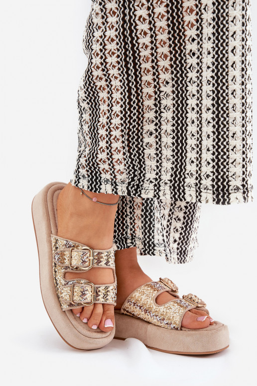 sieviešu čības ar platformu ar sprādzēm I Plecionką Haki krāsas Limme