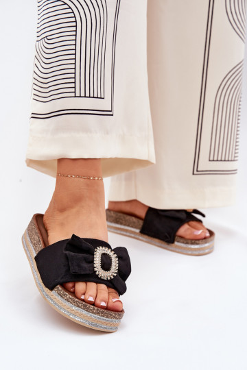 sieviešu čības ar platformu ar bantītēm I Ozdobną Broszką Melns Lenela