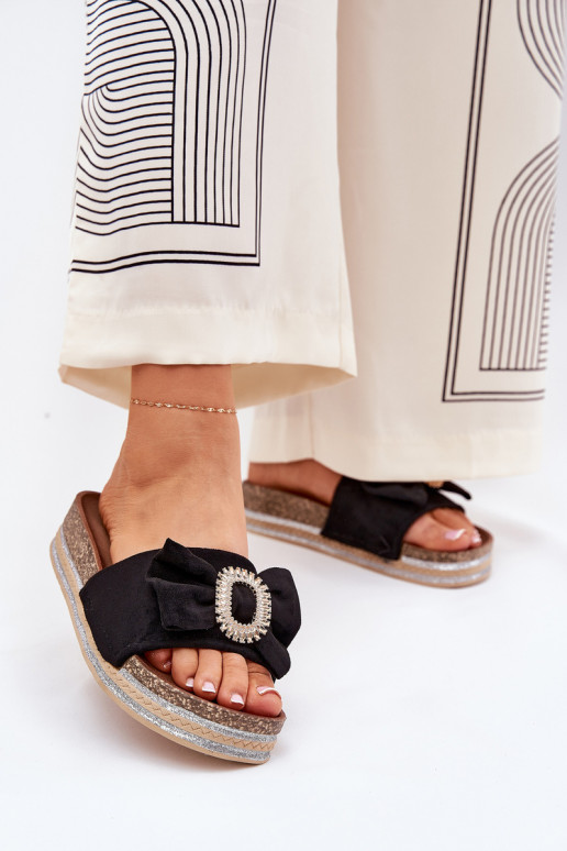 sieviešu čības ar platformu ar bantītēm I Ozdobną Broszką Melns Lenela