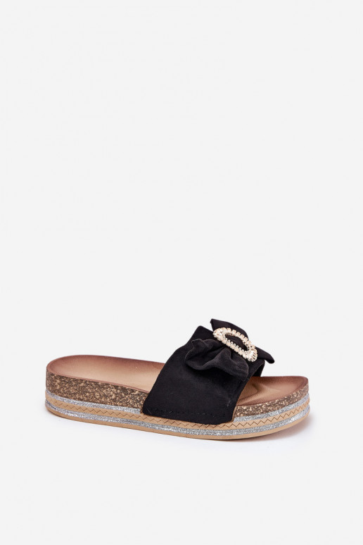 sieviešu čības ar platformu ar bantītēm I Ozdobną Broszką Melns Lenela