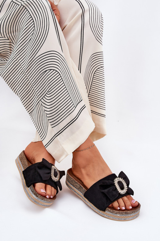 sieviešu čības ar platformu ar bantītēm I Ozdobną Broszką Melns Lenela