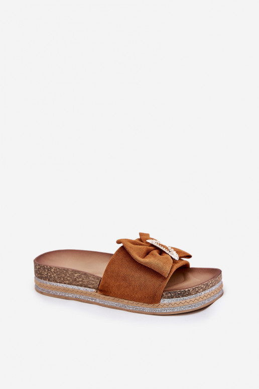 sieviešu čības ar platformu ar bantītēm I Ozdobną Broszką brūnas krāsas Lenela