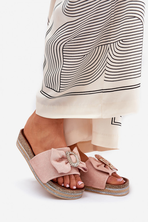 sieviešu čības ar platformu ar bantītēm I Ozdobną Broszką Rozā krāsas Lenela