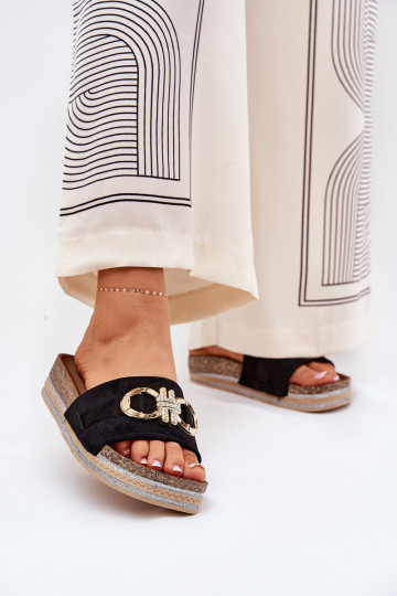 sieviešu čības ar platformu ar mirdzumu I Złotą Ozdobą Melns Rilirea