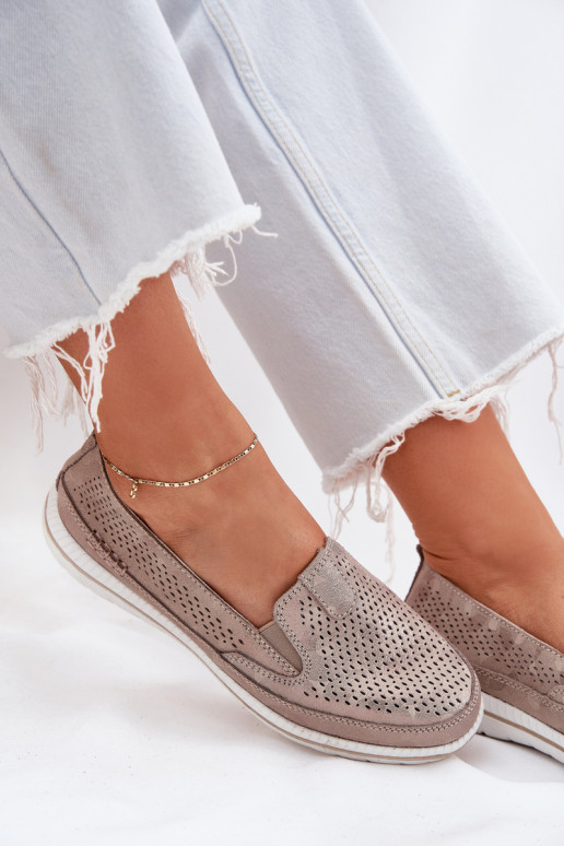 Ažūra zamšādas apavi sieviešu mokasīni Zelta krāsas Redileine Ažūra zamšādas apavi sieviešu mokasīni Zelta krāsas Redileine