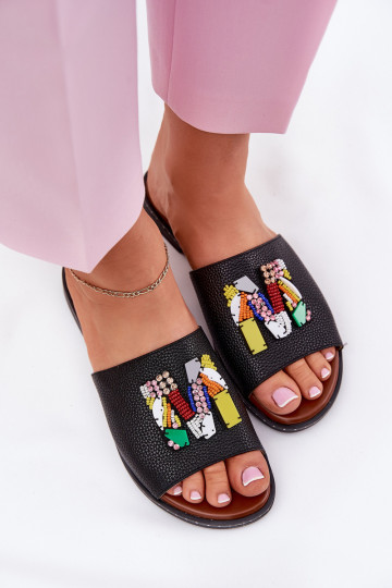 sieviešu čības ar platiem papēžiem ar ornamentiem Melns Clelione